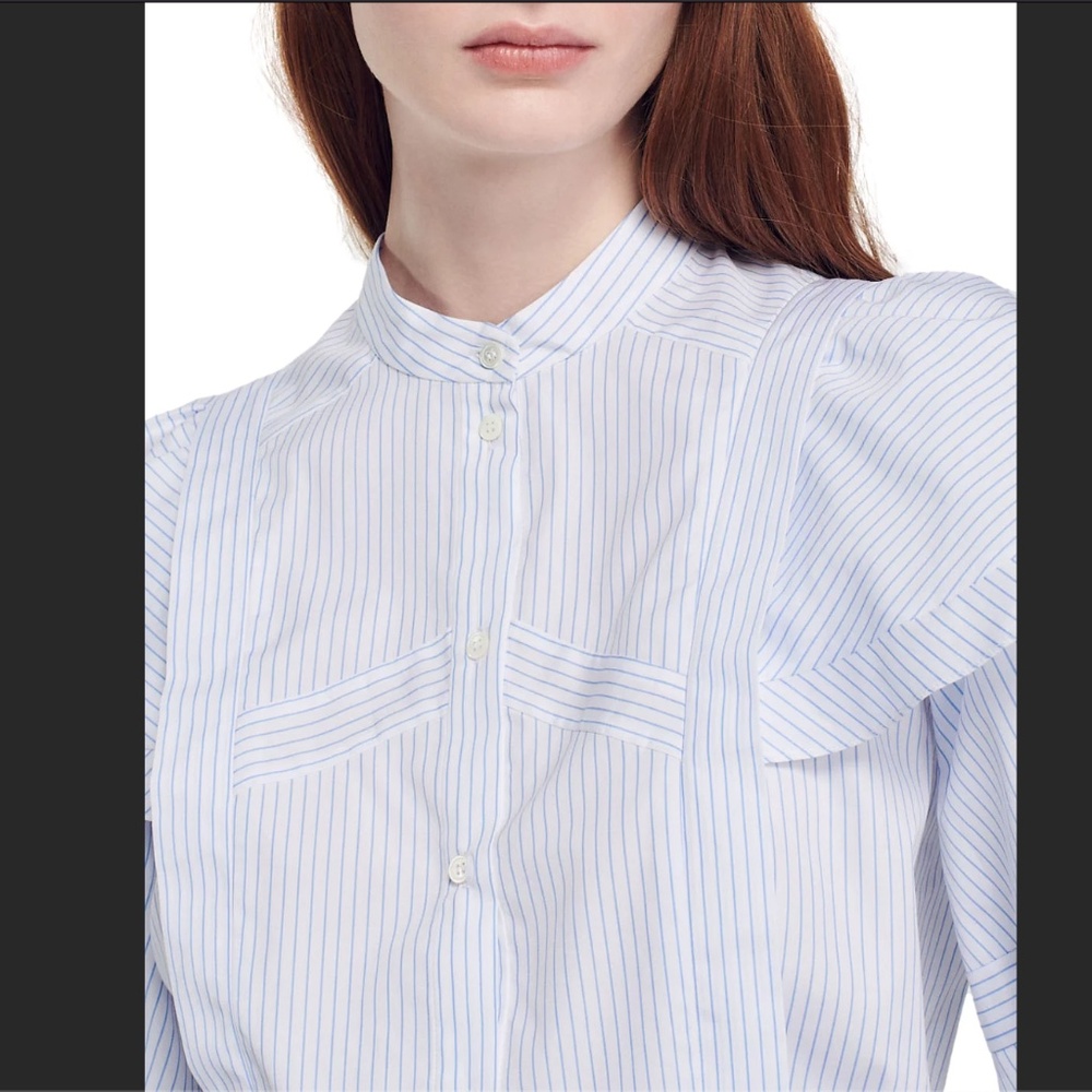 Sandro Yzeure Blue + White Cotton Striped Ruffled Cropped Shirt Size 4, Preppy - Picture 14 of 14